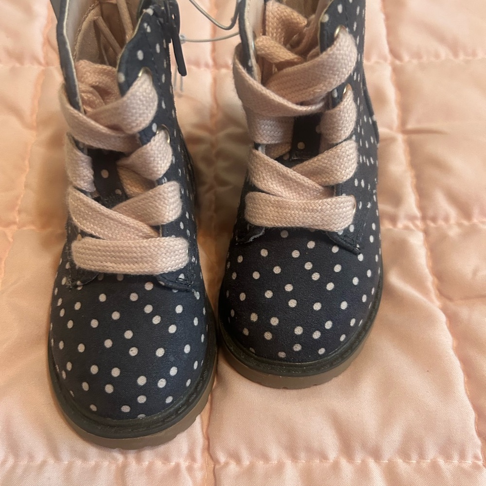 Cat and Hack Kids Polka Dot Lace-Up and Zip Boots in Navy and Pink